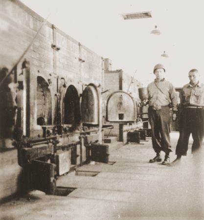 An American soldier inspects the crematorium in Buchenwald
